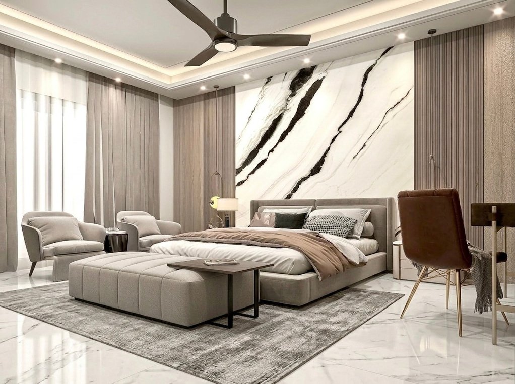 Luxury bedroom with marble feature wall